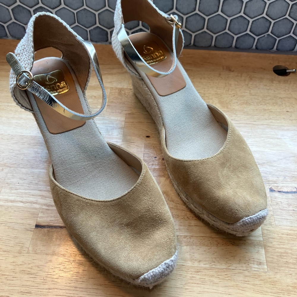 Kanna Tan Suede Espadrille Wedges with Ankle Strap